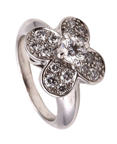 Van Cleef And Arpels Paris Modern Trefle Cocktail Ring In 18Kt White Gold With D VVS Diamonds