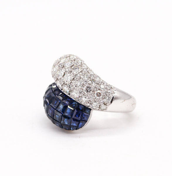 Mystery Setting Bypass Cocktail Ring In 18Kt White Gold With 8.72 Ctw In Diamonds & Sapphires