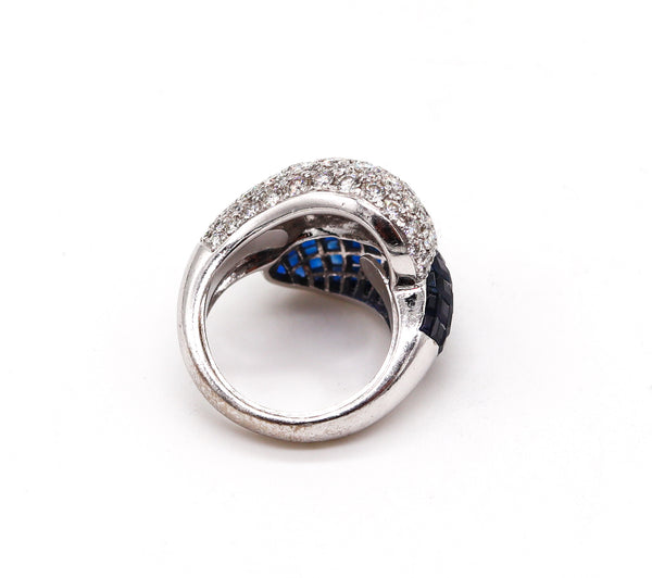 Mystery Setting Bypass Cocktail Ring In 18Kt White Gold With 8.72 Ctw In Diamonds & Sapphires