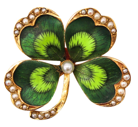 Krementz Art Nouveau 1905 Four Leaves Clover Enameled Pin Brooch in 18Kt Gold With Natural Pearls