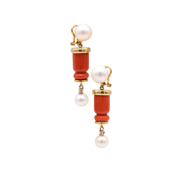 ITALIAN MODERN 18 KT GOLD DANGLE EARRINGS WITH DIAMONDS, CORAL & AKOYA PEARLS