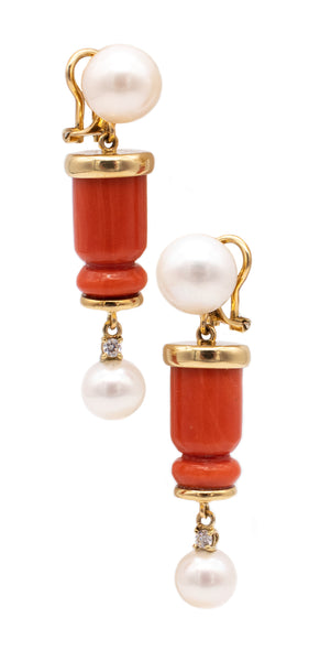 ITALIAN MODERN 18 KT GOLD DANGLE EARRINGS WITH DIAMONDS, CORAL & AKOYA PEARLS