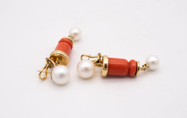 ITALIAN MODERN 18 KT GOLD DANGLE EARRINGS WITH DIAMONDS, CORAL & AKOYA PEARLS