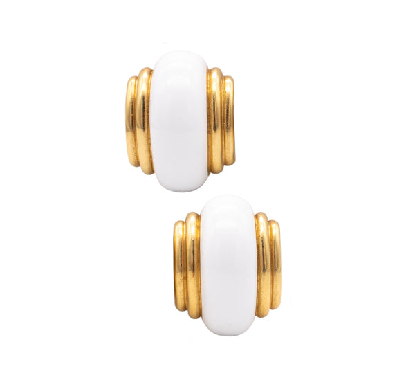 ANDREW CLUNN ART DECO 18 KT YELLOW GOLD EARRINGS WITH WHITE ENAMEL