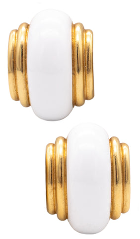 ANDREW CLUNN ART DECO 18 KT YELLOW GOLD EARRINGS WITH WHITE ENAMEL