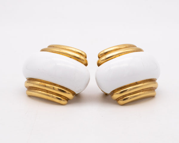 ANDREW CLUNN ART DECO 18 KT YELLOW GOLD EARRINGS WITH WHITE ENAMEL