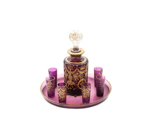 MOSER CZECH BOHEMIAN 1900 PURPLE ETCHED GLASS DECANTER SET WITH GOLD INLAID
