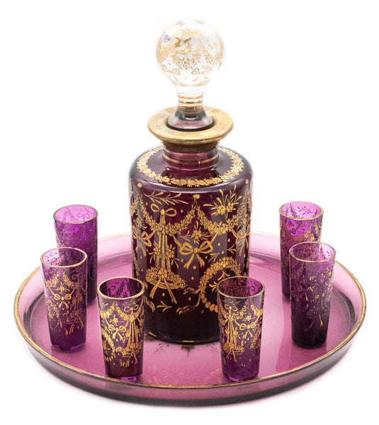 MOSER CZECH BOHEMIAN 1900 PURPLE ETCHED GLASS DECANTER SET WITH GOLD INLAID