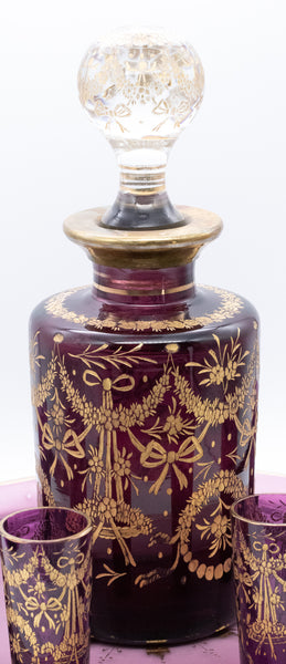 MOSER CZECH BOHEMIAN 1900 PURPLE ETCHED GLASS DECANTER SET WITH GOLD INLAID