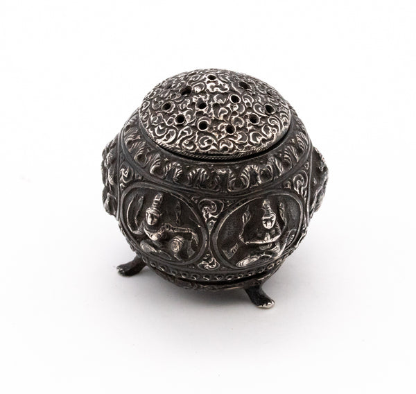 TIBETAN ANTIQUE 1850'S STERLING SILVER INCENSE BURNER TRI-POD CENSER