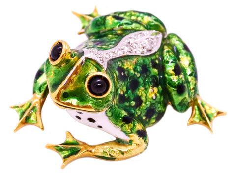 ITALIAN 18 KT GOLD HAND ENAMELED GREEN FROG PIN BROOCH