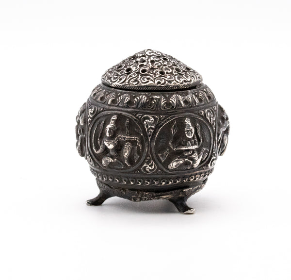 TIBETAN ANTIQUE 1850'S STERLING SILVER INCENSE BURNER TRI-POD CENSER