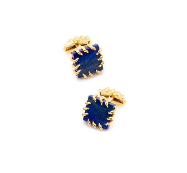 French 1970 Rare Bergdorf Goodman Pair Of Cufflinks In 18Kt Yellow Gold With Lapis Lazuli