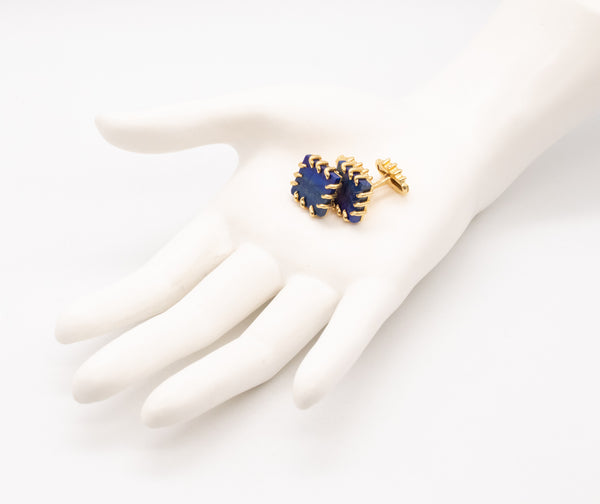 French 1970 Rare Bergdorf Goodman Pair Of Cufflinks In 18Kt Yellow Gold With Lapis Lazuli