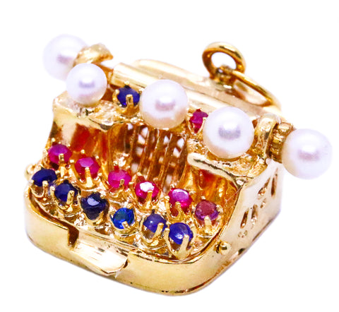 ITALIAN 18 KT GOLD VINTAGE "TYPEWRITING" CHARM WITH GEMSTONES & PEARLS