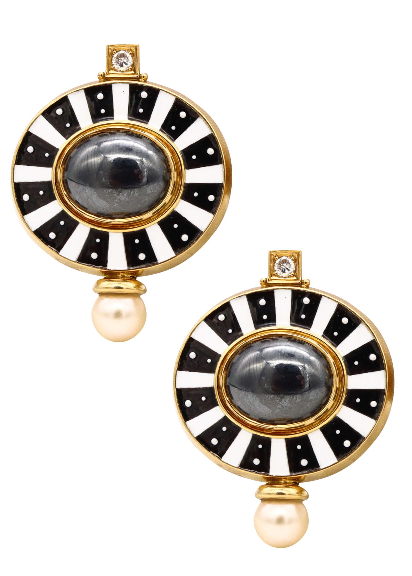 *Elizabeth Gage London Etruscan clips-earrings in 18 kt yellow gold with enamel & gemstones