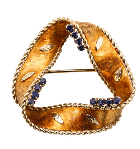 Carl Bucherer 1960 Swiss Twisted Brooch In 18Kt Yellow Gold With Blue Sapphires