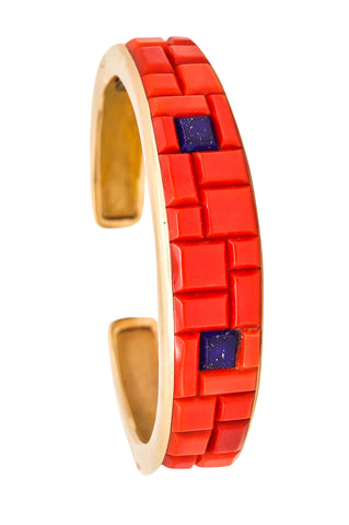 Saunsa Navajo For Marshall 1980 Native American Bangle Cuff In 14Kt Gold With Red Coral & Lapis Lazuli