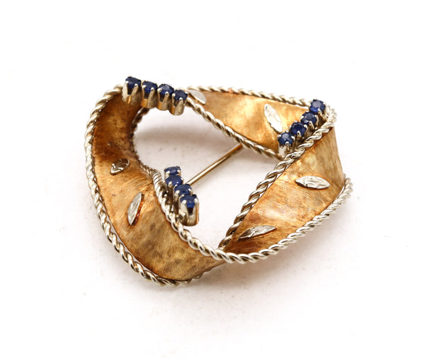 Carl Bucherer 1960 Swiss Twisted Brooch In 18Kt Yellow Gold With Blue Sapphires