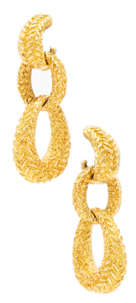 MID CENTURY 1960 TRIPLE DOOR KNOCKER DROP EARRINGS IN TEXTURED 18 KT YELLOW GOLD