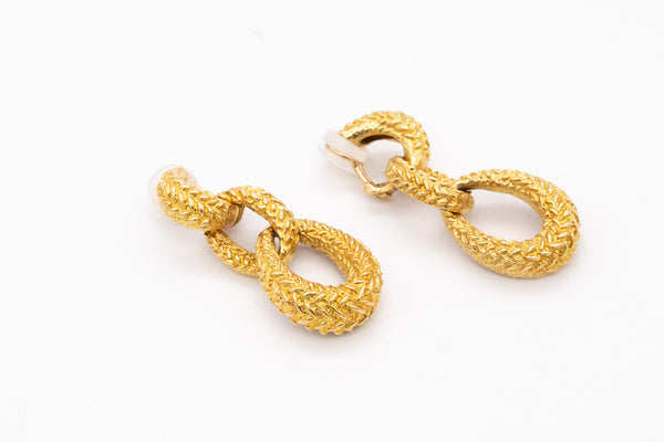 MID CENTURY 1960 TRIPLE DOOR KNOCKER DROP EARRINGS IN TEXTURED 18 KT YELLOW GOLD