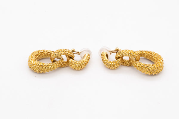 MID CENTURY 1960 TRIPLE DOOR KNOCKER DROP EARRINGS IN TEXTURED 18 KT YELLOW GOLD