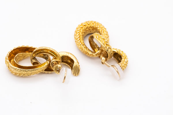 MID CENTURY 1960 TRIPLE DOOR KNOCKER DROP EARRINGS IN TEXTURED 18 KT YELLOW GOLD