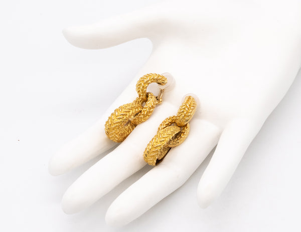 MID CENTURY 1960 TRIPLE DOOR KNOCKER DROP EARRINGS IN TEXTURED 18 KT YELLOW GOLD