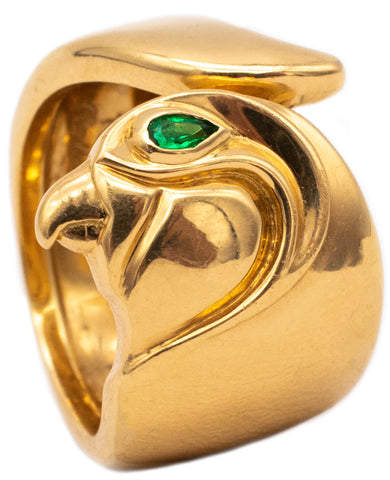 CARTIER PARIS VERY RARE ANOUBOIS RING 18 KT EGYPTIAN REVIVAL FALCON WITH VIVID EMERALD