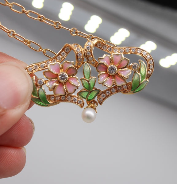 -Masriera Art Nouveau Plique à Jour Enamel Necklace In 18Kt Yellow Gold With VS Diamonds