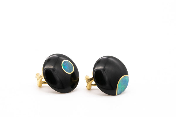 TIFFANY & CO. 1970'S ANGELA CUMMINGS LENTIL EARRINGS IN 18 KT WITH JADE AND OPAL