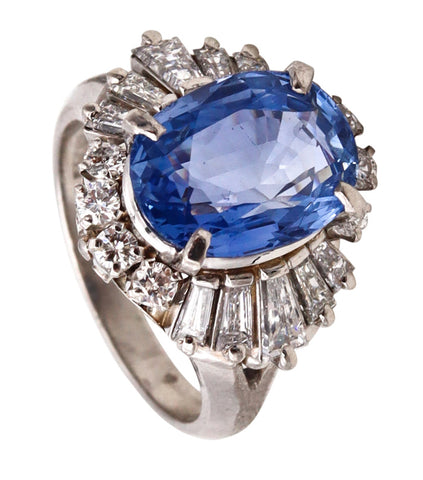 (S)Gia Certified Cocktail Ring In Platinum With 5.45 Cts In Ceylon No Heat Sapphire And Diamonds