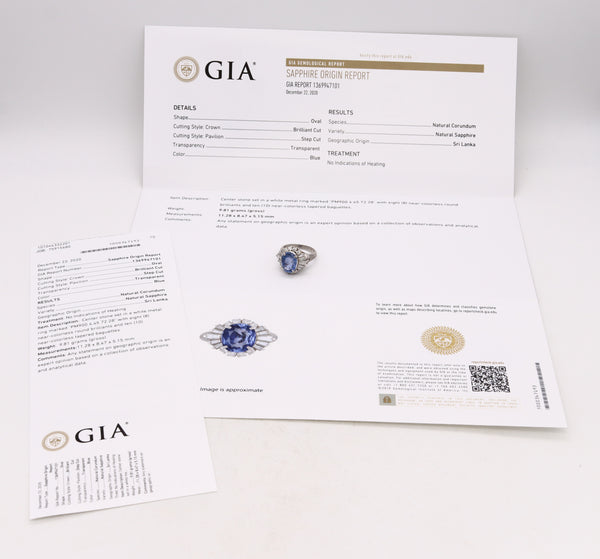 (S)Gia Certified Cocktail Ring In Platinum With 5.45 Cts In Ceylon No Heat Sapphire And Diamonds