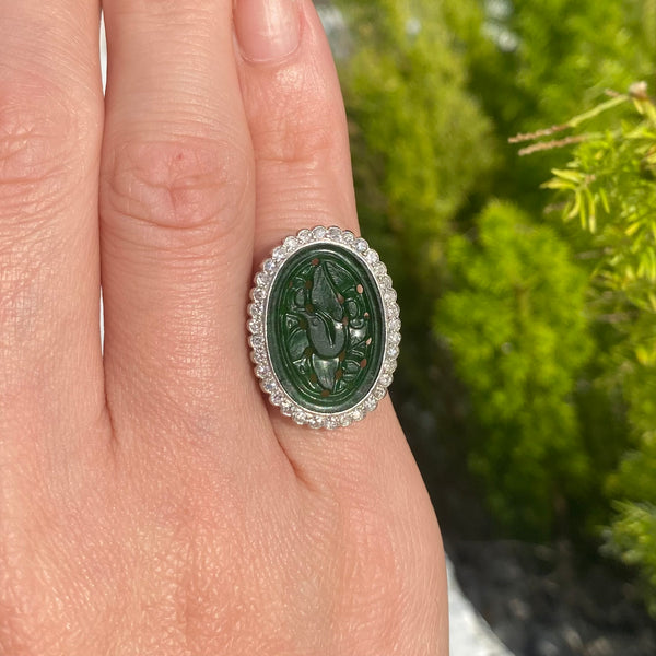 Art Deco 1930 European Ring In Platinum With 6.76 Ctw In Carved Jade & Diamonds