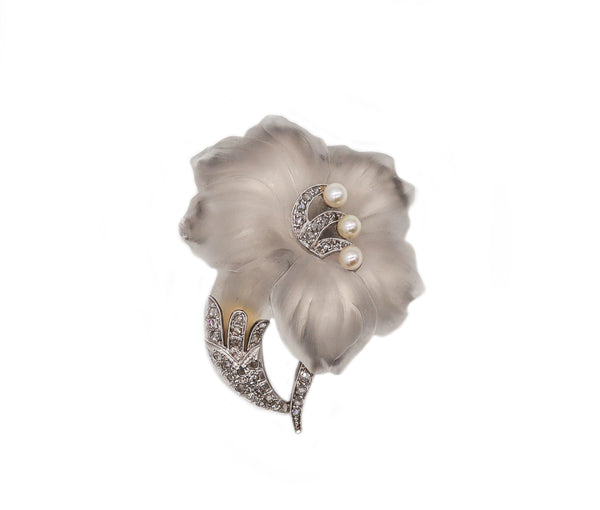 -Austria 1905 Edwardian Art Nouveau Brooch In Platinum With Rock Quartz And Diamonds