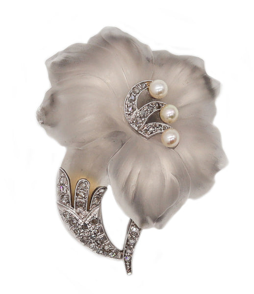 -Austria 1905 Edwardian Art Nouveau Brooch In Platinum With Rock Quartz And Diamonds