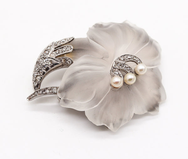 -Austria 1905 Edwardian Art Nouveau Brooch In Platinum With Rock Quartz And Diamonds