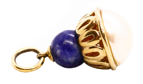 ITALIAN 18 KT GOLD CHARM PEARL & LAPIS LAZULI