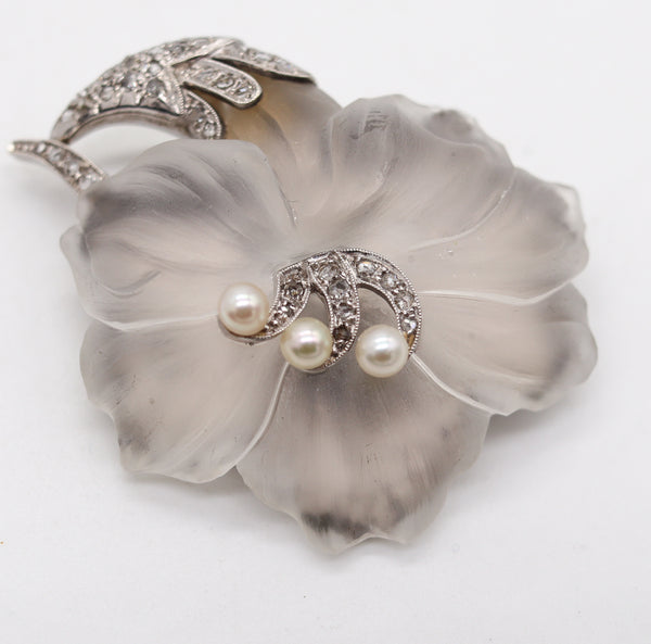 -Austria 1905 Edwardian Art Nouveau Brooch In Platinum With Rock Quartz And Diamonds