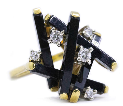 MODERNIST GEOMETRIC 18 KT JENGA RING WITH DIAMONDS AND BLACK ONYX