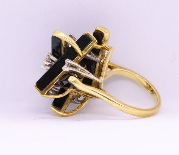 MODERNIST GEOMETRIC 18 KT JENGA RING WITH DIAMONDS AND BLACK ONYX