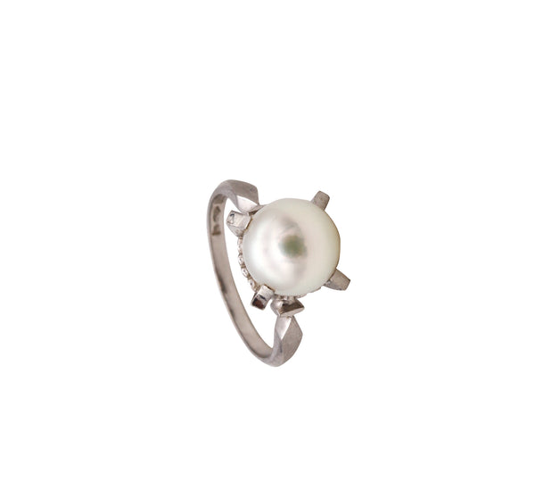 (S)Mid Century 1960 Solitaire Ring In Solid Platinum With Akoya White Pearl Of 9 MM