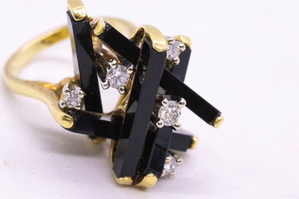MODERNIST GEOMETRIC 18 KT JENGA RING WITH DIAMONDS AND BLACK ONYX