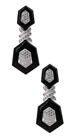 *Italian imposing cocktail long earrings in 18 kt white gold with 3.48 Cts in Diamonds & onyx