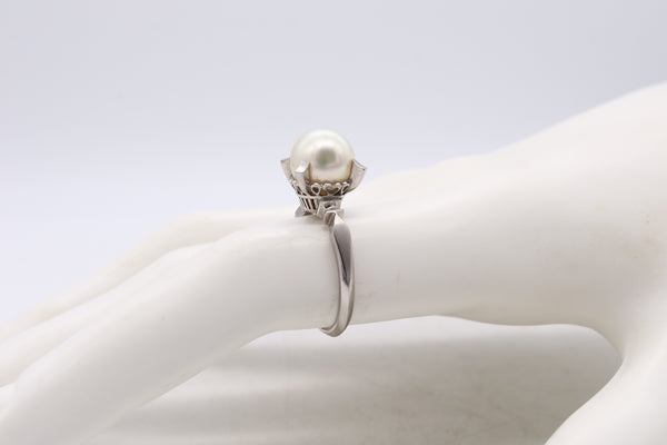 (S)Mid Century 1960 Solitaire Ring In Solid Platinum With Akoya White Pearl Of 9 MM