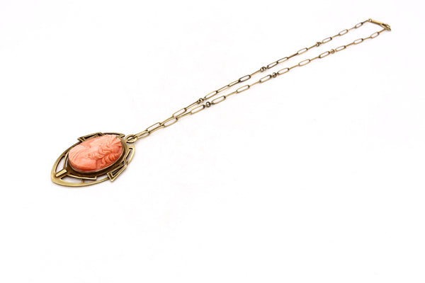 British 1890 Rare Liberty Art And Craft Geometric Necklace In 18Kt Yellow Gold With Coral Cameo