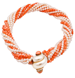 Italy Modernism Seashell Necklace In 14Kt Yellow Gold With Pink Coral And White Pearls