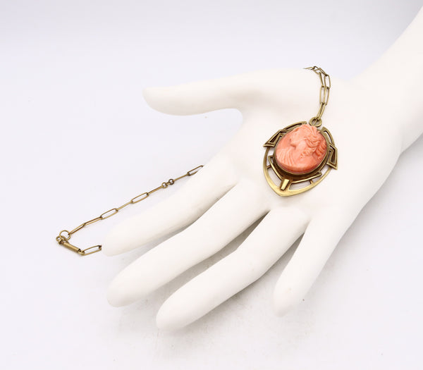 British 1890 Rare Liberty Art And Craft Geometric Necklace In 18Kt Yellow Gold With Coral Cameo