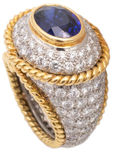 TIFFANY & CO. PLATINUM / 18 KT RING WITH 7.79 Ctw IN DIAMONDS AND CEYLON SAPPHIRE AGL CERT