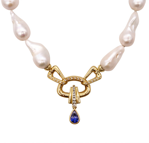 Italian Modern Necklace In 18Kt Yellow Gold With Baroque Pearls And 5.60 Cts In Diamonds And Sapphire